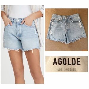 Agolde Parker Long Blue Jean Shorts Parade Distressed Fray Hem Button Fly 25